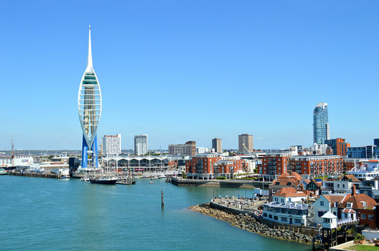The Portsmouth docks, with the Spinnakar Tower by the water